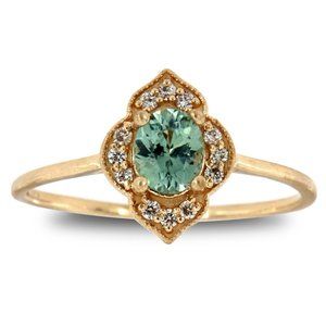 Teal Sapphire & Diamond Vintage halo Ring